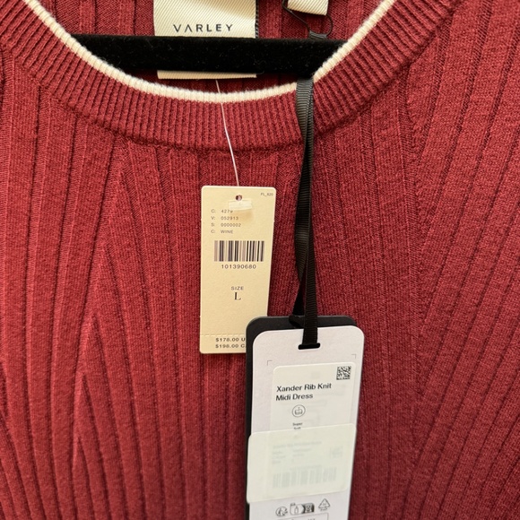 NWT Varley - Xander Long Sleeve Rib Knit Dress - Maroon & White - Large - Picture 4 of 8